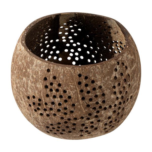 Restaurantware Coco Casa Brown Handmade Coconut Shell Candle Holder - Leaf Pattern - 4" X 4" X 3 1/4" - 10 Count Box
