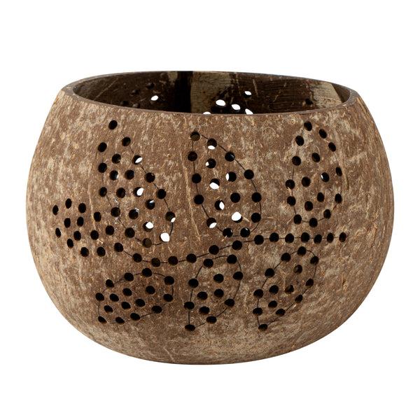 Restaurantware Coco Casa Brown Handmade Coconut Shell Candle Holder - Leaf Pattern - 4" X 4" X 3 1/4" - 10 Count Box