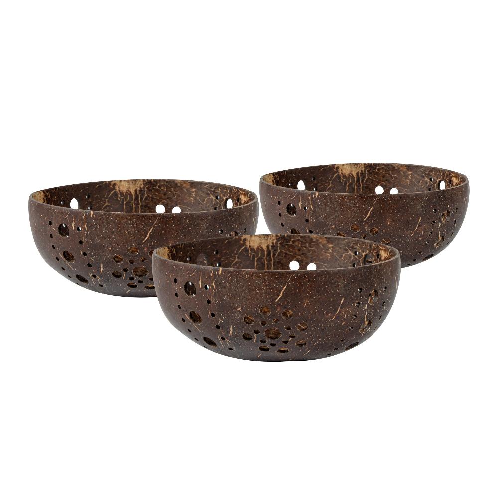 restaurantware Coco Casa Brown Handmade Coconut Shell Candle Holder - Sun Pattern - 5" x 5" x 2" - 10 count box
