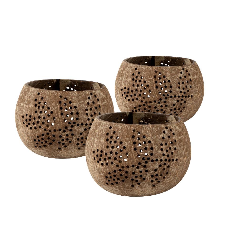 restaurantware Coco Casa Brown Handmade Coconut Shell Candle Holder - Leaf Pattern - 4" x 4" x 3 1/4" - 10 count box
