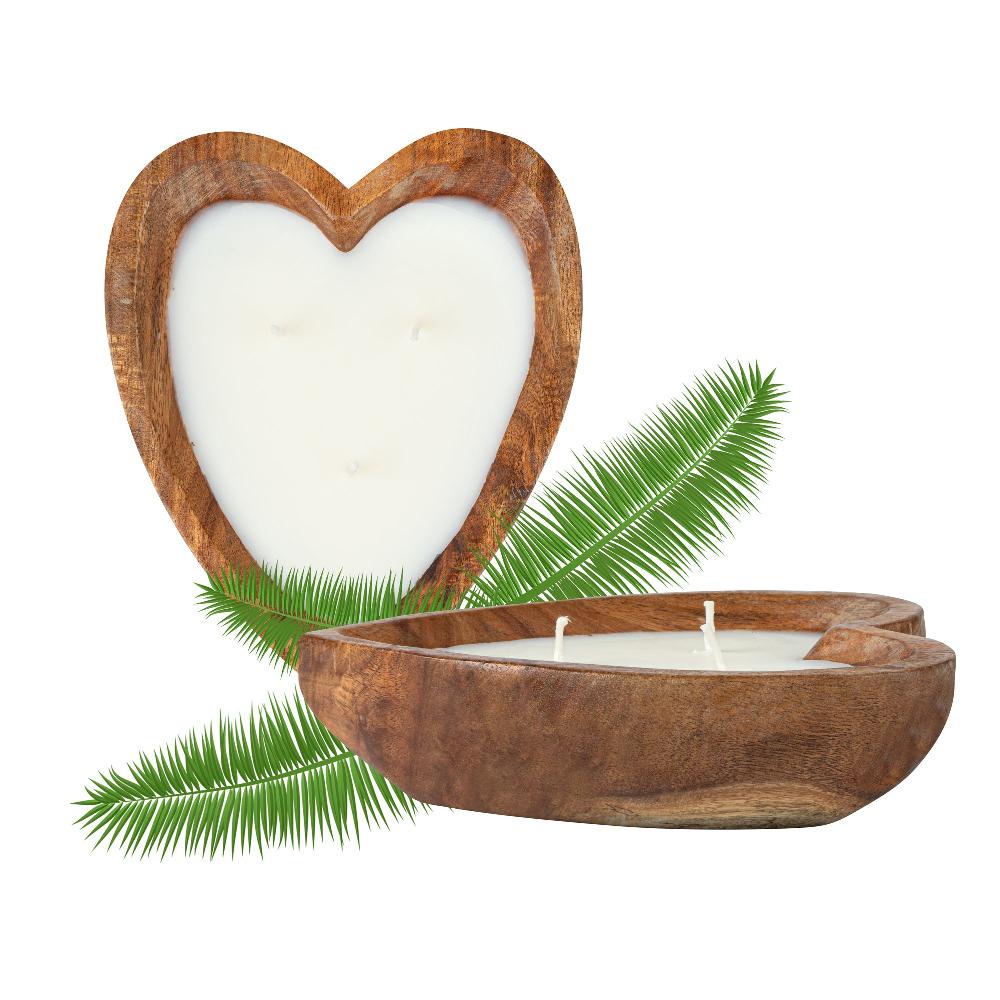 restaurantware Coco Casa Handmade Wood Heart Dough Bowl Candle - Cinnamon - 7" x 5 1/2" x 2" - 10 count box