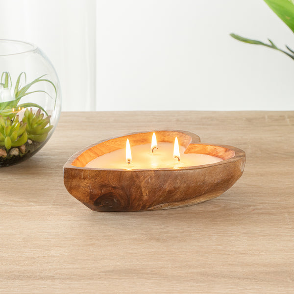 Restaurantware Coco Casa Handmade Wood Heart Dough Bowl Candle - Coconut Mango - 7" X 5 1/2" X 2" - 10 Count Box