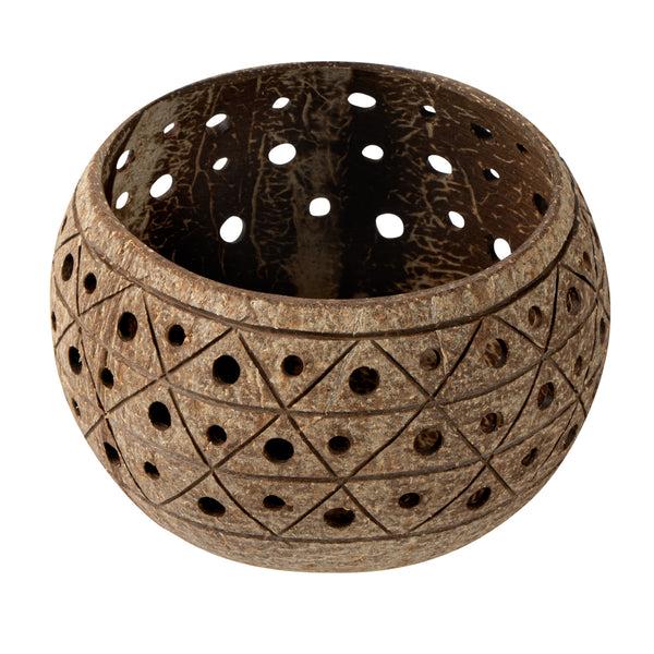 Restaurantware Coco Casa Tan Handmade Coconut Shell Candle Holder - Geometric Pattern - 4" X 4" X 3 1/4" - 10 Count Box