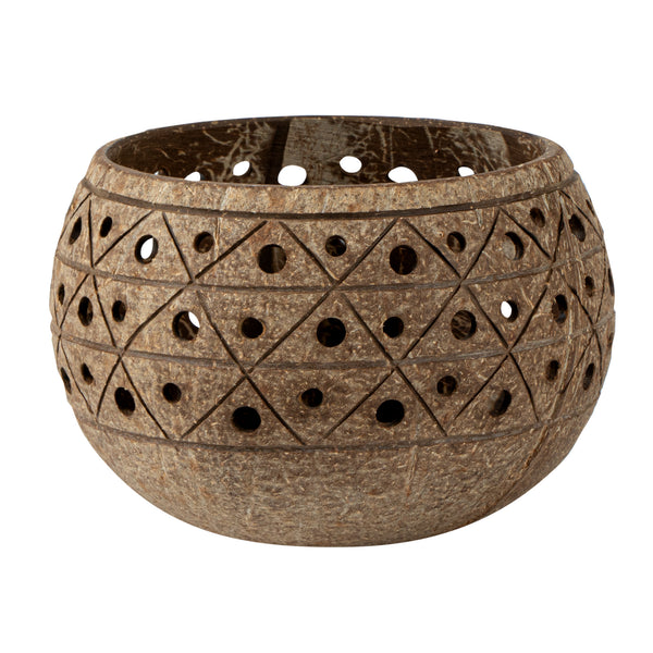 Restaurantware Coco Casa Tan Handmade Coconut Shell Candle Holder - Geometric Pattern - 4" X 4" X 3 1/4" - 10 Count Box