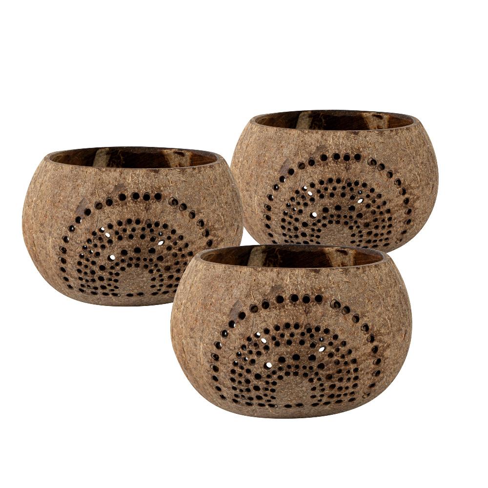 restaurantware Coco Casa Tan Handmade Coconut Shell Candle Holder - Rainbow Pattern - 4" x 4" x 3 1/4" - 10 count box