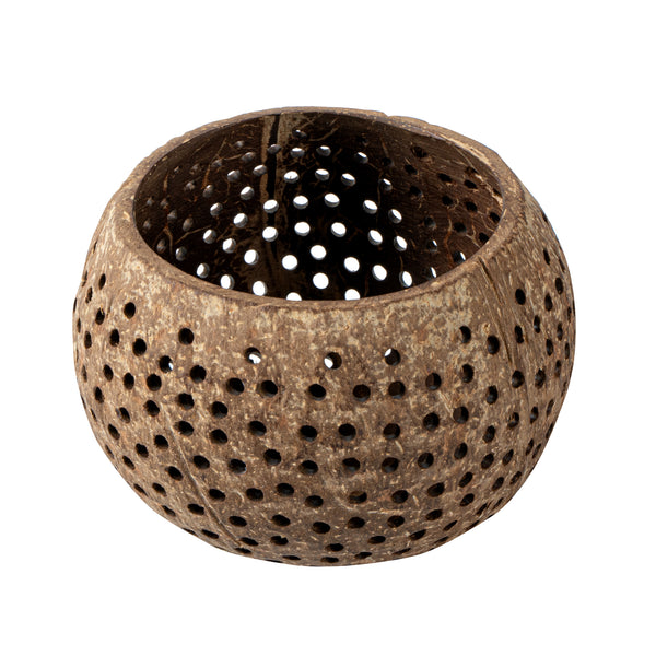 Restaurantware Coco Casa Tan Handmade Coconut Shell Candle Holder - Dotted Pattern - 4" X 4" X 3 1/4" - 10 Count Box
