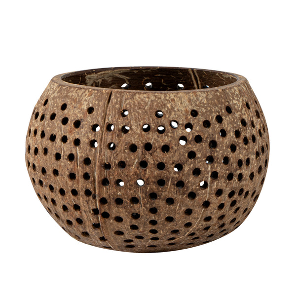 Restaurantware Coco Casa Tan Handmade Coconut Shell Candle Holder - Dotted Pattern - 4" X 4" X 3 1/4" - 10 Count Box