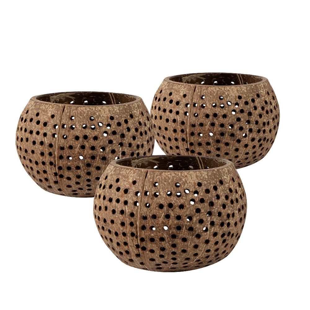 restaurantware Coco Casa Tan Handmade Coconut Shell Candle Holder - Dotted Pattern - 4" x 4" x 3 1/4" - 10 count box