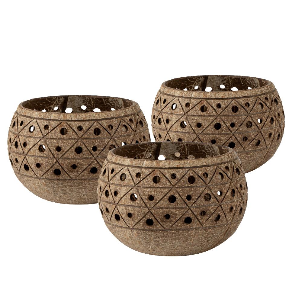 restaurantware Coco Casa Tan Handmade Coconut Shell Candle Holder - Geometric Pattern - 4" x 4" x 3 1/4" - 10 count box