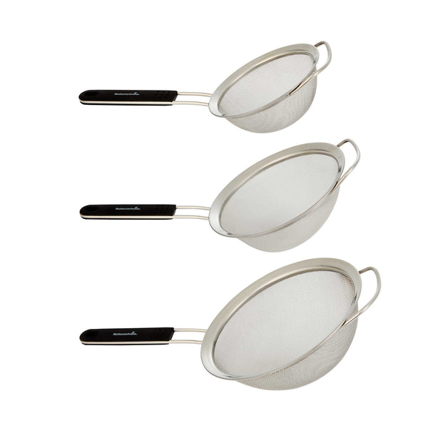 Restaurantware Comfy Grip 3-Piece Round Stainless Steel Extra Fine Mesh Strainer Set - With Silicone Handle - 1 Count Box