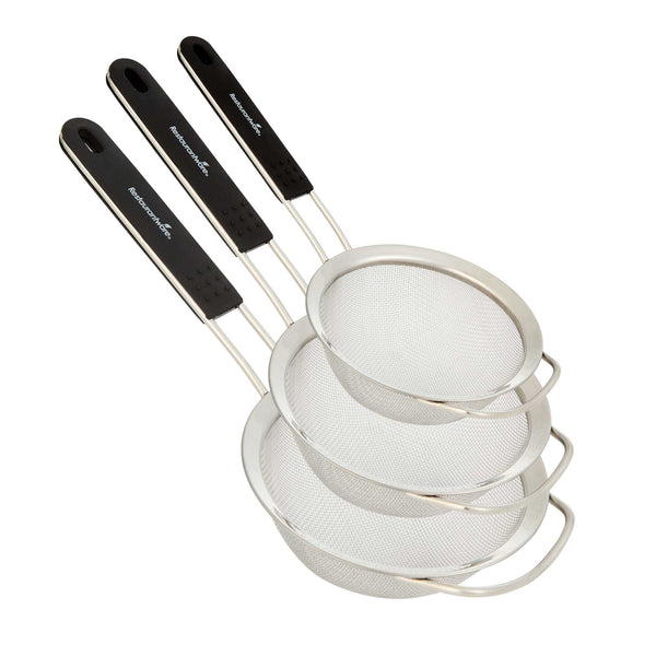 Restaurantware Comfy Grip 3-Piece Round Stainless Steel Extra Fine Mesh Strainer Set - With Silicone Handle - 1 Count Box