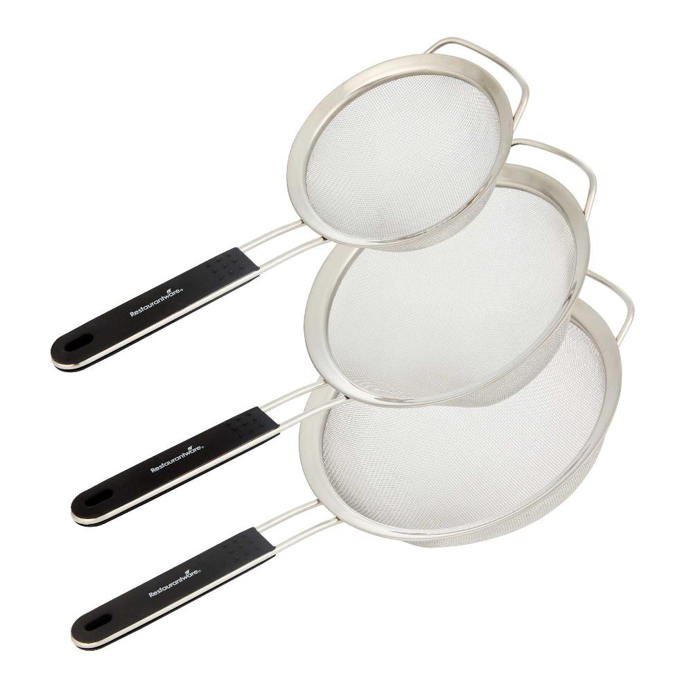 restaurantware Comfy Grip 3-Piece Round Stainless Steel Extra Fine Mesh Strainer Set - with Silicone Handle - 1 count box