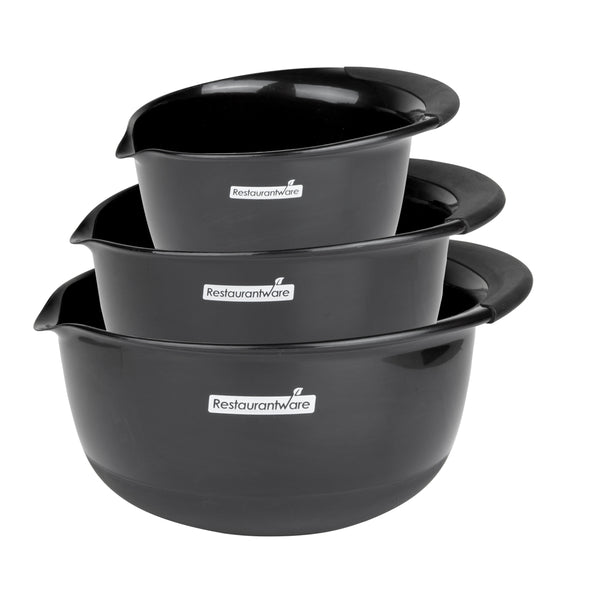 Restaurantware Comfy Grip Black Plastic 3-Piece Mixing Bowl Set - With Pour Spout - 1 Count Box