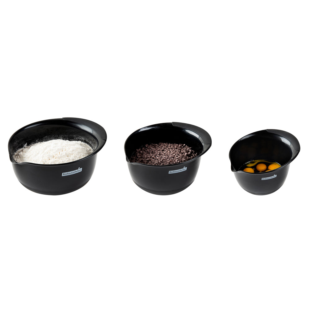 restaurantware Comfy Grip Black Plastic 3-Piece Mixing Bowl Set - with Pour Spout - 1 count box