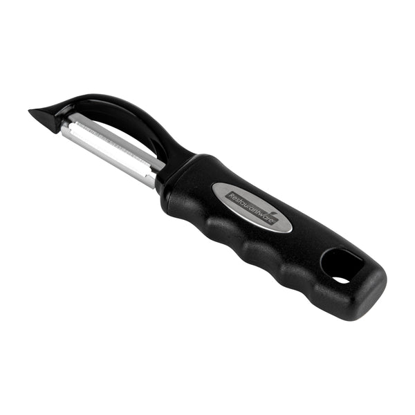 Restaurantware Comfy Grip Black Stainless Steel Vegetable Peeler - 7 1/2" - 1 Count Box