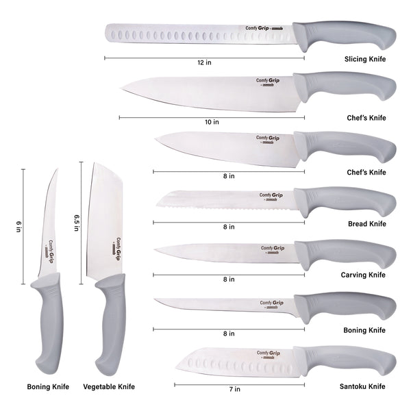 Restaurantware Comfy Grip Gray Stainless Steel 9-Piece Knife Set - 1 Count Box