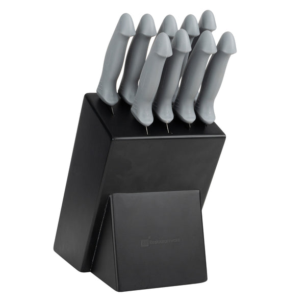 Restaurantware Comfy Grip Gray Stainless Steel 9-Piece Knife Set - With Holder - 1 Count Box