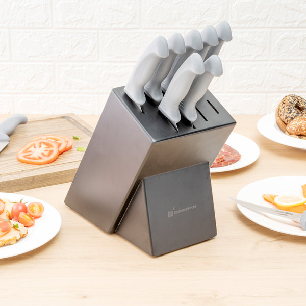 Restaurantware Comfy Grip Gray Stainless Steel 9-Piece Knife Set - With Holder - 1 Count Box