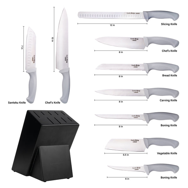 Restaurantware Comfy Grip Gray Stainless Steel 9-Piece Knife Set - With Holder - 1 Count Box