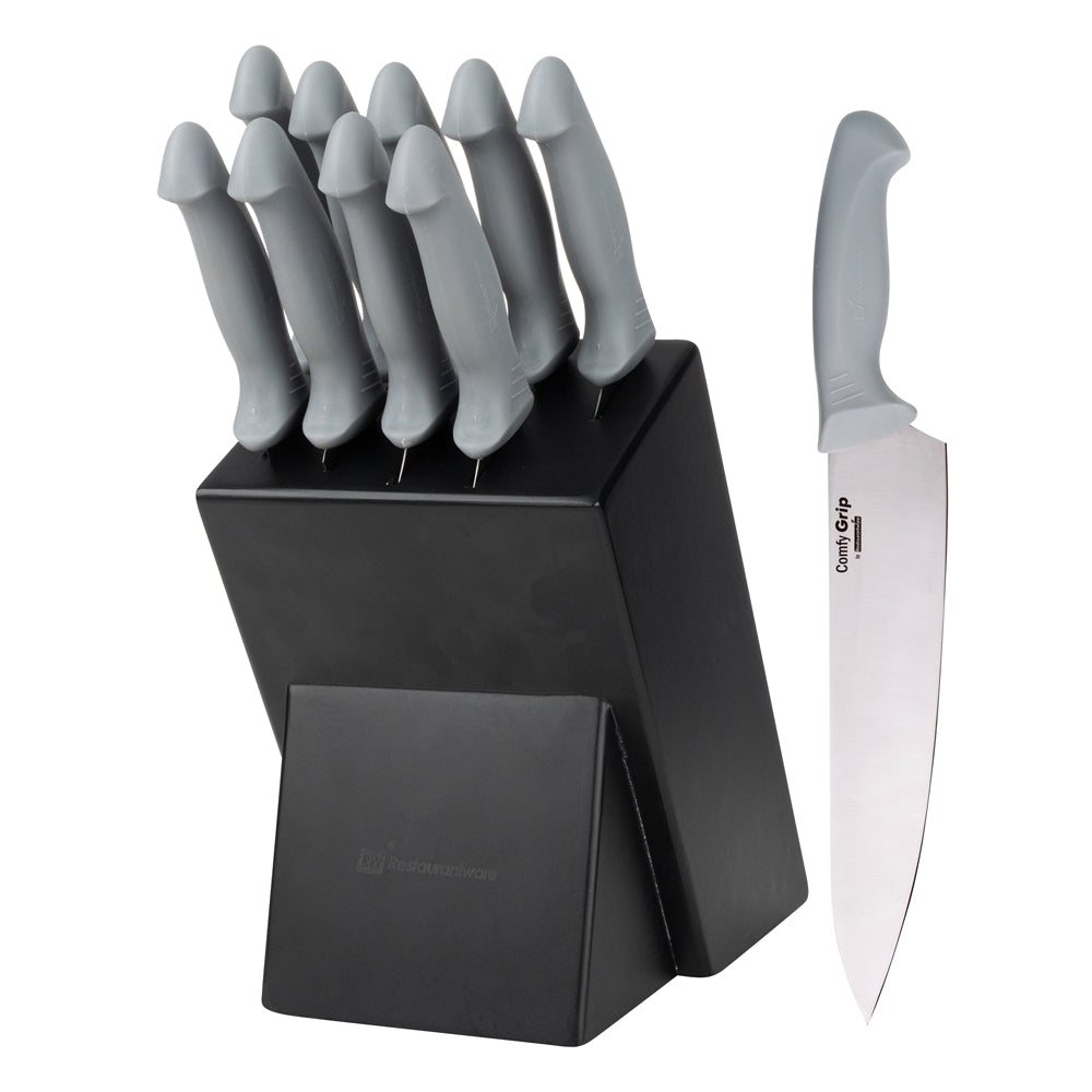 restaurantware Comfy Grip Gray Stainless Steel 9-Piece Knife Set - with Holder - 1 count box