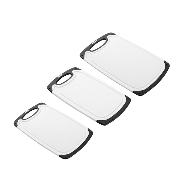 Restaurantware Comfy Grip White And Black Plastic Cutting Board Set - Includes 3 Boards With Juice Groove Handle - 1 Count Box