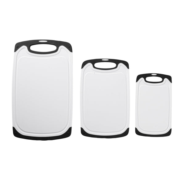 Restaurantware Comfy Grip White And Black Plastic Cutting Board Set - Includes 3 Boards With Juice Groove Handle - 1 Count Box