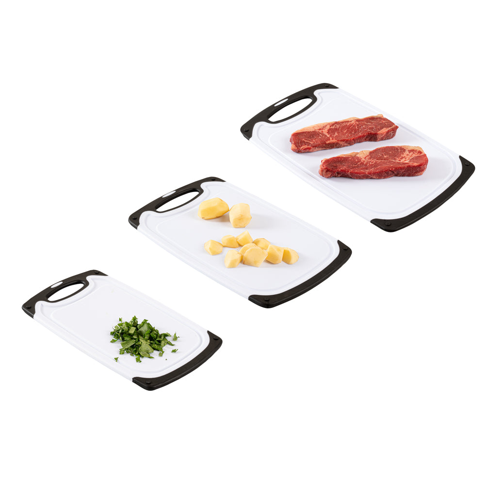 restaurantware Comfy Grip White and Black Plastic Cutting Board Set - Includes 3 Boards with Juice Groove Handle - 1 count box
