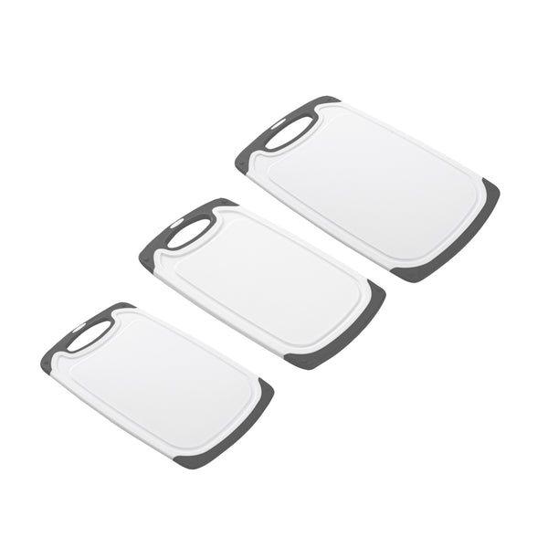 Restaurantware Comfy Grip White And Gray Plastic Cutting Board Set - Includes 3 Boards With Juice Groove Handle - 1 Count Box