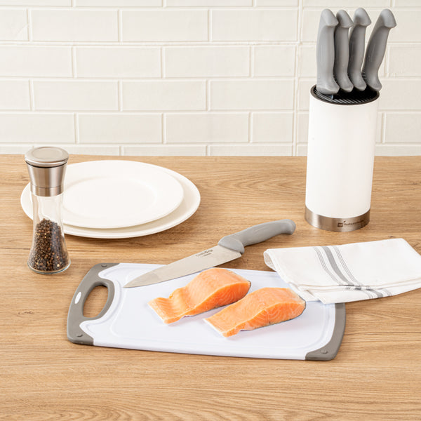 Restaurantware Comfy Grip White And Gray Plastic Cutting Board Set - Includes 3 Boards With Juice Groove Handle - 1 Count Box