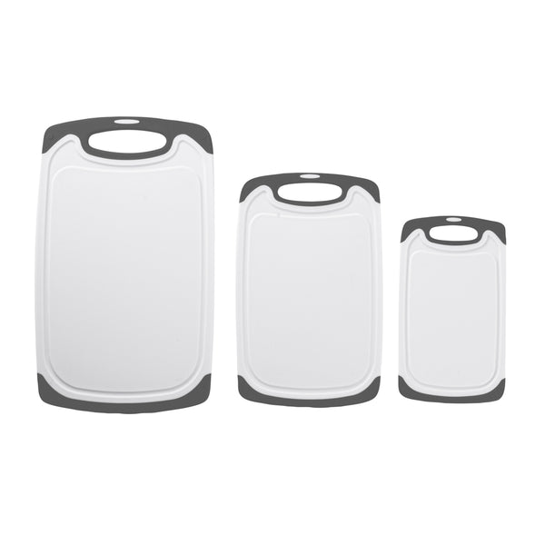 Restaurantware Comfy Grip White And Gray Plastic Cutting Board Set - Includes 3 Boards With Juice Groove Handle - 1 Count Box