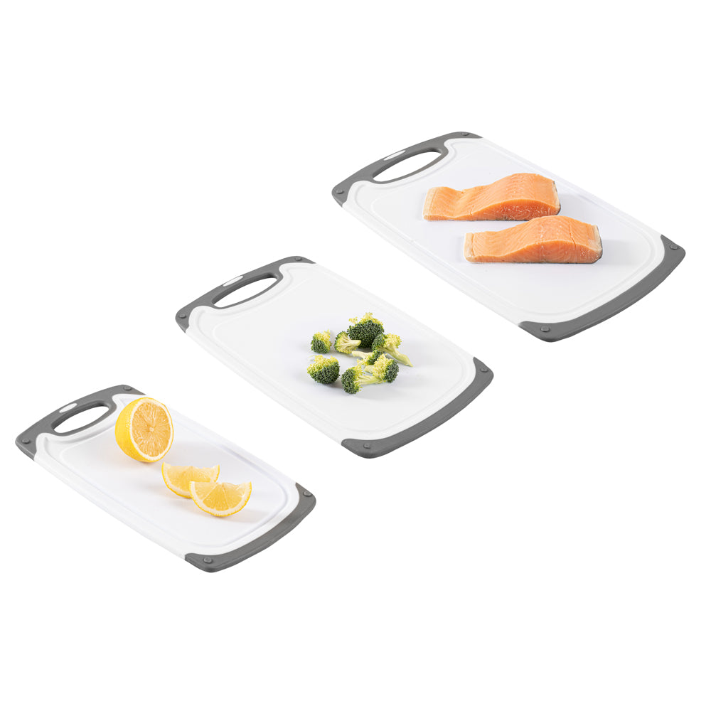 restaurantware Comfy Grip White and Gray Plastic Cutting Board Set - Includes 3 Boards with Juice Groove Handle - 1 count box
