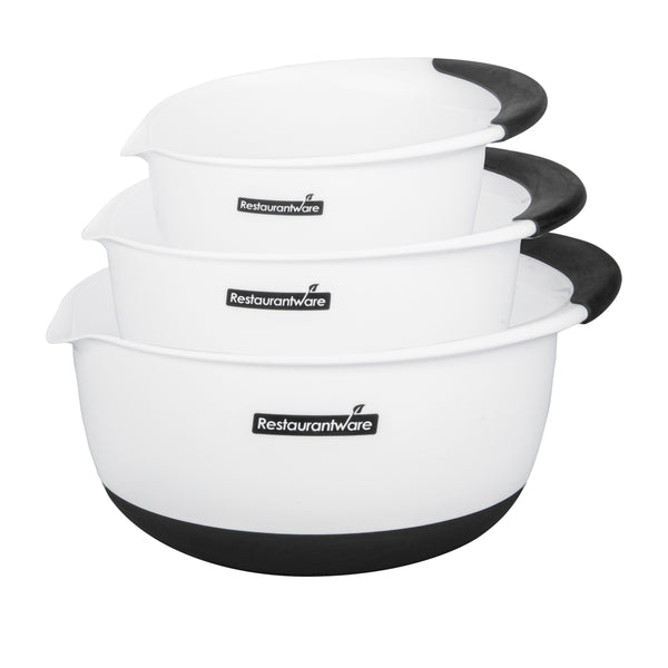 Restaurantware Comfy Grip White Plastic 3-Piece Mixing Bowl Set - With Pour Spout - 1 Count Box