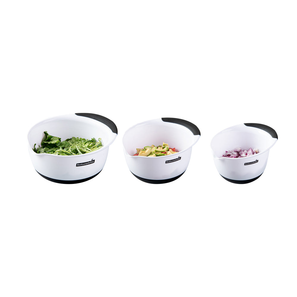 restaurantware Comfy Grip White Plastic 3-Piece Mixing Bowl Set - with Pour Spout - 1 count box