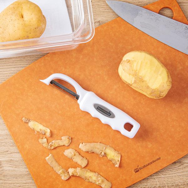 Restaurantware Comfy Grip White Stainless Steel Vegetable Peeler - 7 1/2" - 1 Count Box