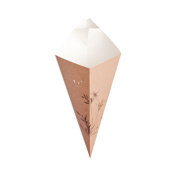 Restaurantware Cone Tek Bamboo Print Paper Food Cone - With Dipping Pocket - 9 1/2" X 5 1/2" - 100 Count Box