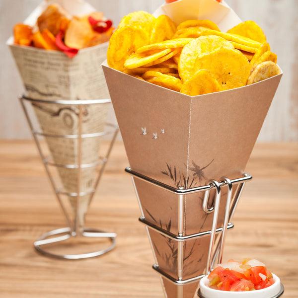 Restaurantware Cone Tek Bamboo Print Paper Food Cone - With Dipping Pocket - 9 1/2" X 5 1/2" - 100 Count Box