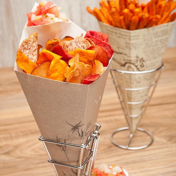 Restaurantware Cone Tek Bamboo Print Paper Food Cone - With Dipping Pocket - 11" X 6 1/2" - 100 Count Box