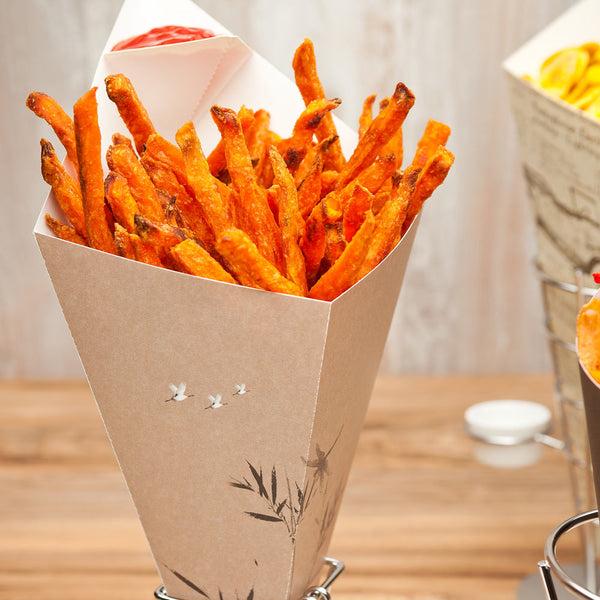 Restaurantware Cone Tek Bamboo Print Paper Food Cone - With Dipping Pocket - 15" X 9" - 100 Count Box