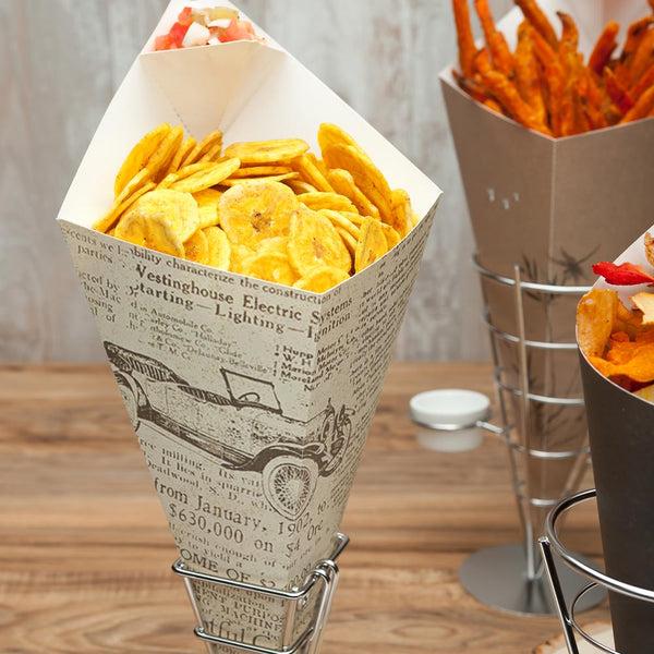 Restaurantware Cone Tek Newsprint Paper Food Cone - With Dipping Pocket - 15" X 9" - 100 Count Box