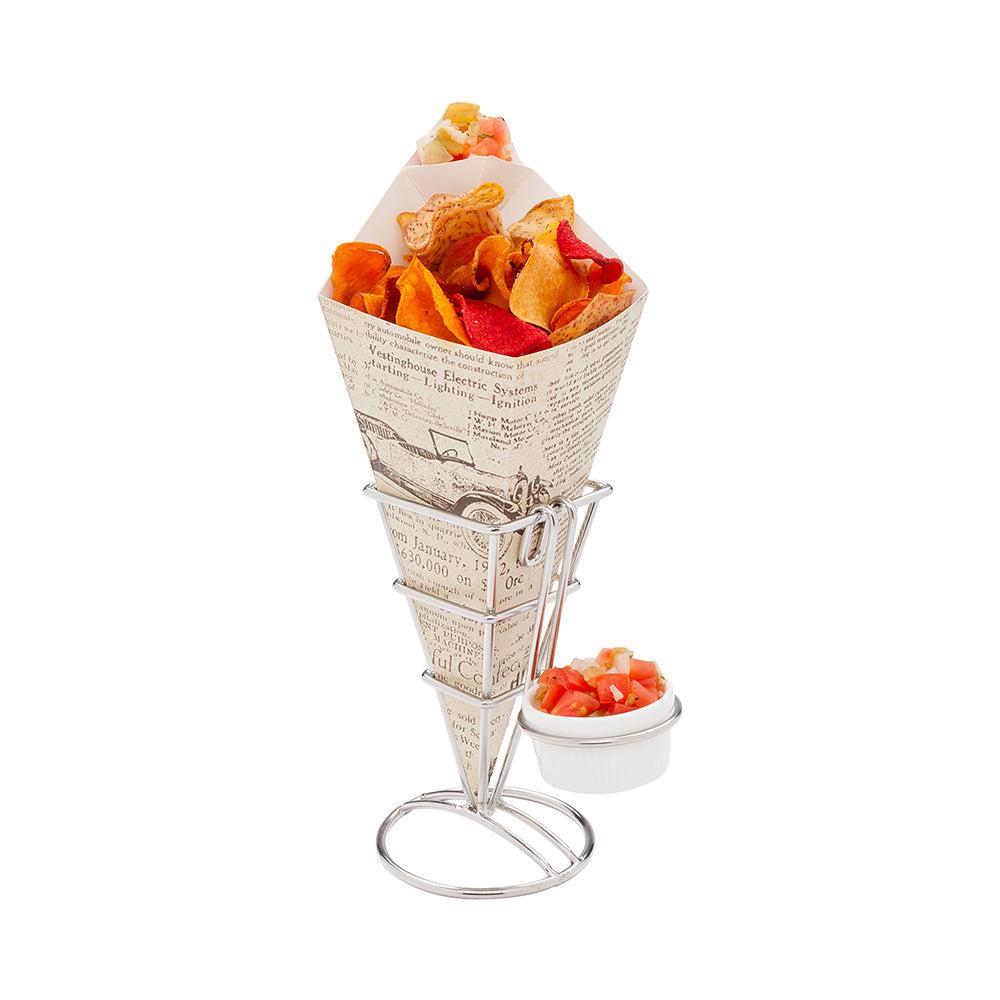 restaurantware Cone Tek Newsprint Paper Food Cone - with Dipping Pocket - 9 1/2" x 5 1/2" - 100 count box