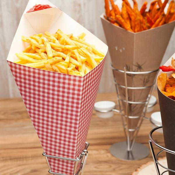 Restaurantware Cone Tek Picnic Print Paper Food Cone - With Dipping Pocket - 9 1/2" X 5 1/2" - 100 Count Box