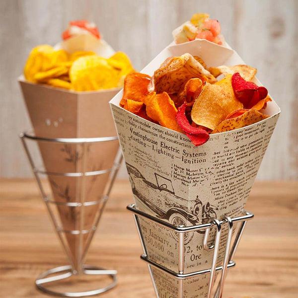 Restaurantware Cone Tek Silver Stainless Steel Diamond Cone Stand - 1 Sauce Holder - 2 1/2" X 2 1/2" X 5" - 1 Count Box