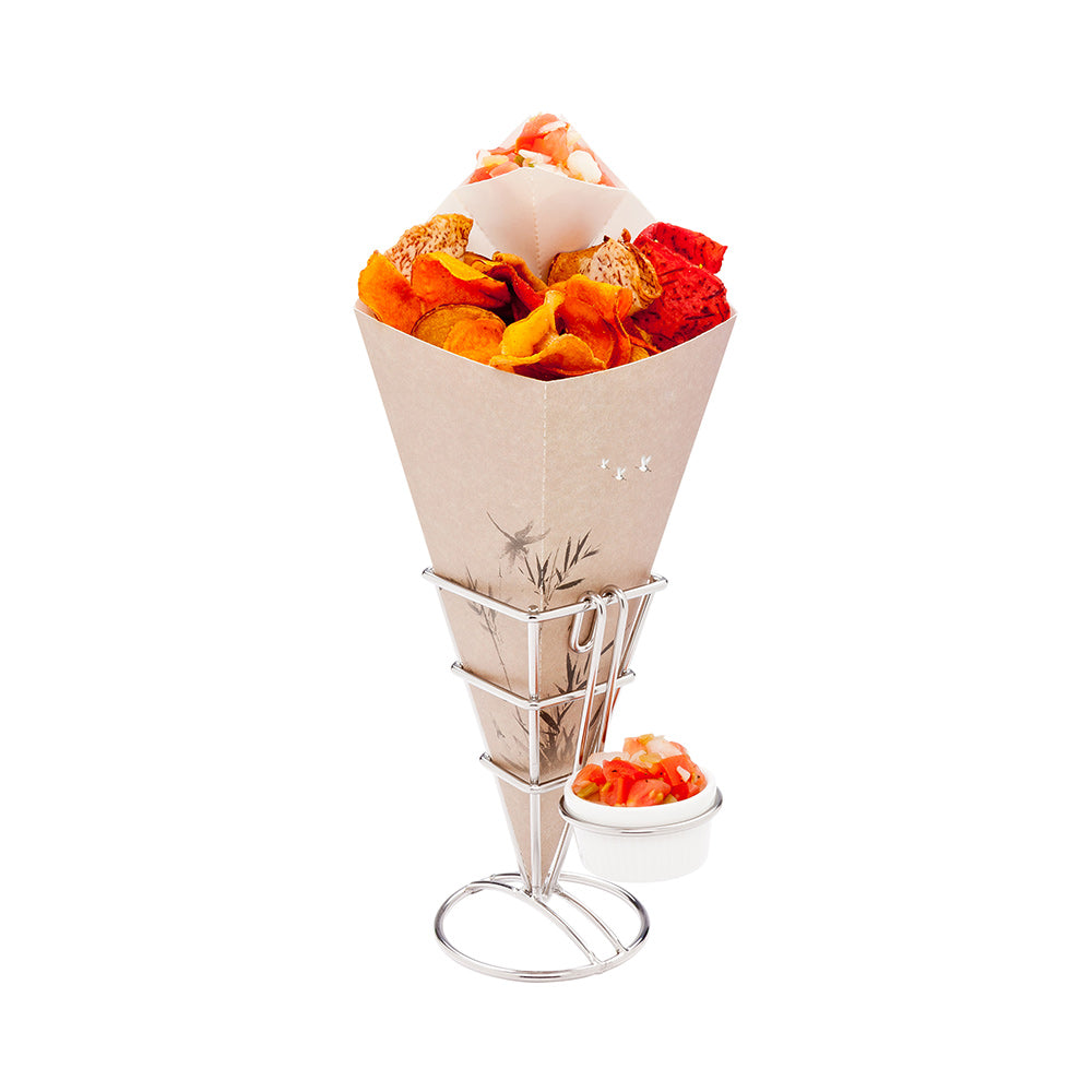 restaurantware Cone Tek Silver Stainless Steel Diamond Cone Stand - 1 Sauce Holder - 2 1/2" x 2 1/2" x 5" - 1 count box