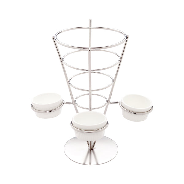 Restaurantware Cone Tek Silver Stainless Steel Medium Fry And Snack Cone Stand - 3 Sauce Holders - 4 1/4" X 4 1/4" X 8" - 1 Count Box