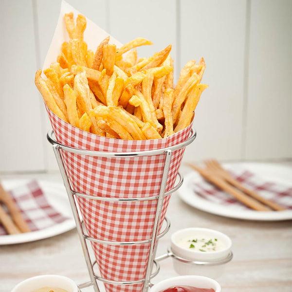 Restaurantware Cone Tek Silver Stainless Steel Medium Fry And Snack Cone Stand - 3 Sauce Holders - 4 1/4" X 4 1/4" X 8" - 1 Count Box