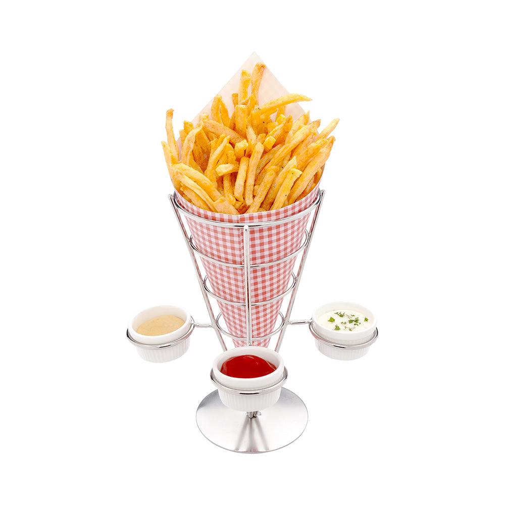 restaurantware Cone Tek Silver Stainless Steel Medium Fry and Snack Cone Stand - 3 Sauce Holders - 4 1/4" x 4 1/4" x 8" - 1 count box