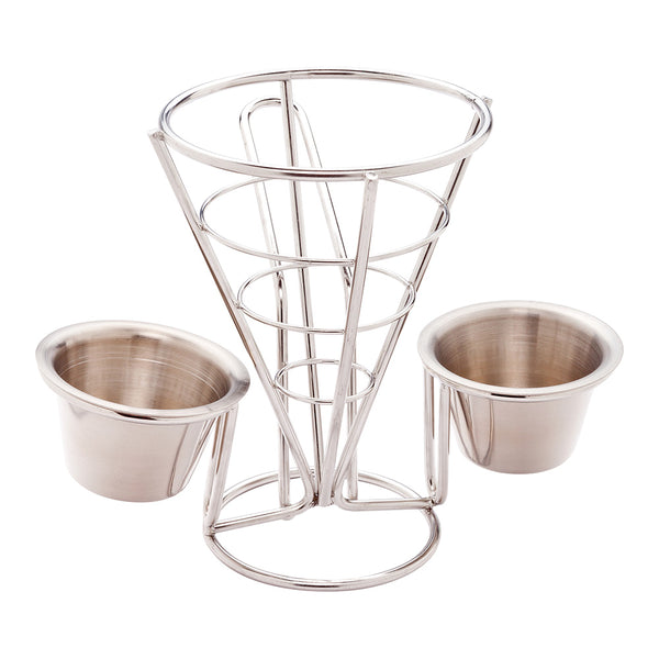 Restaurantware Cone Tek Silver Stainless Steel Singolo Cone Stand - 2 Sauce Holders - 4" X 4" X 5 1/2" - 1 Count Box