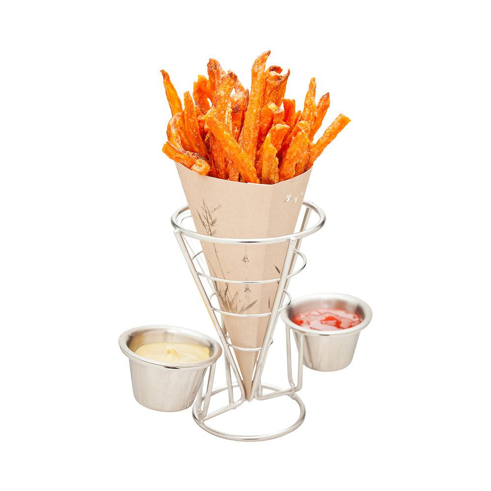 restaurantware Cone Tek Silver Stainless Steel Singolo Cone Stand - 2 Sauce Holders - 4" x 4" x 5 1/2" - 1 count box