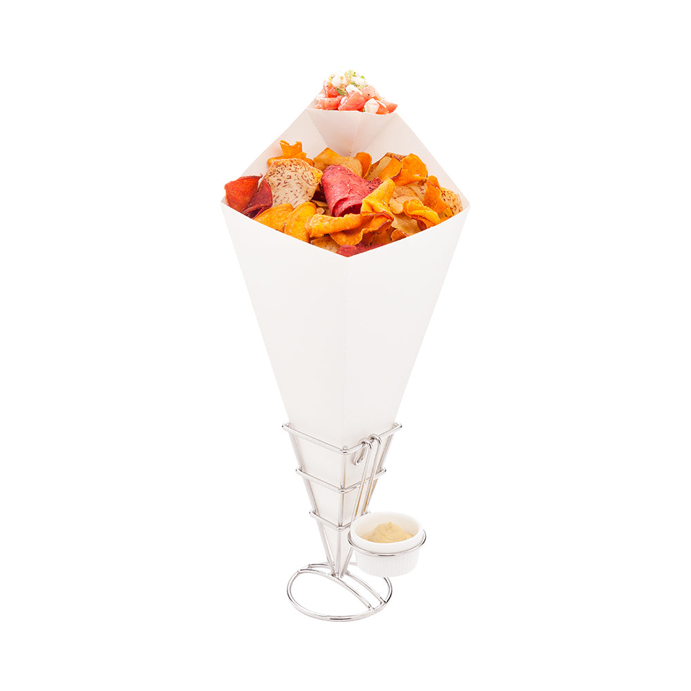 restaurantware Cone Tek White Paper Food Cone - with Dipping Pocket - 15" x 9" - 100 count box
