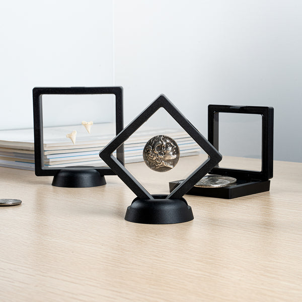 Restaurantware Display Tek Square Black Plastic 3D Floating Display Case - 2 3/4" X 2 3/4" X 3/4" - 10 Count Box
